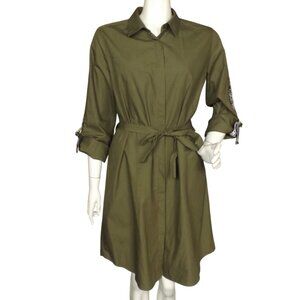 CALVIN KLEIN Shirt Dress, L, Olive Green, Roll Tab Sleeves, Logo sleeves, Collar